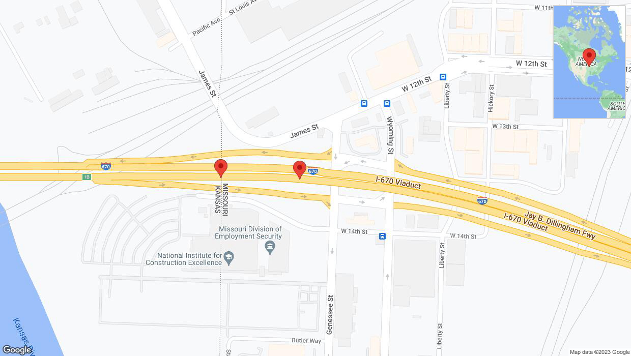 A detailed map that shows the affected road due to 'Warning: Crash on eastbound I-670 in Kansas City' on November 25th at 10:46 p.m.