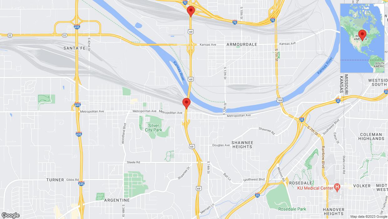 A detailed map that shows the affected road due to 'Lane on US-69 closed in Kansas City' on November 25th at 11 p.m.