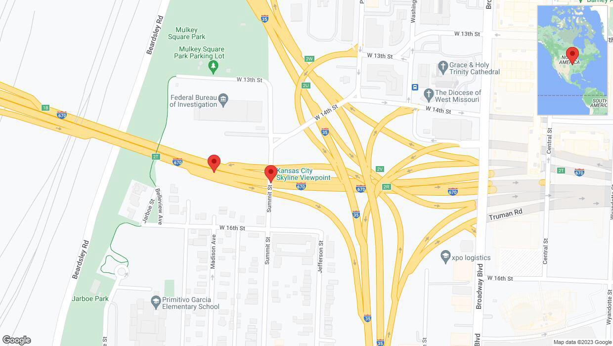 A detailed map that shows the affected road due to 'Broken down vehicle on eastbound I-670 in Kansas City' on November 25th at 11:16 p.m.
