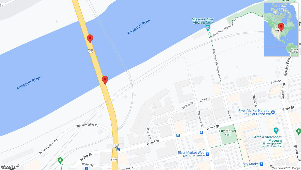 A detailed map that shows the affected road due to 'US-169 North: bridge closed between I-70/I-35/US-40/US-24 and The Downtown Airport' on November 25th at 11:36 p.m.