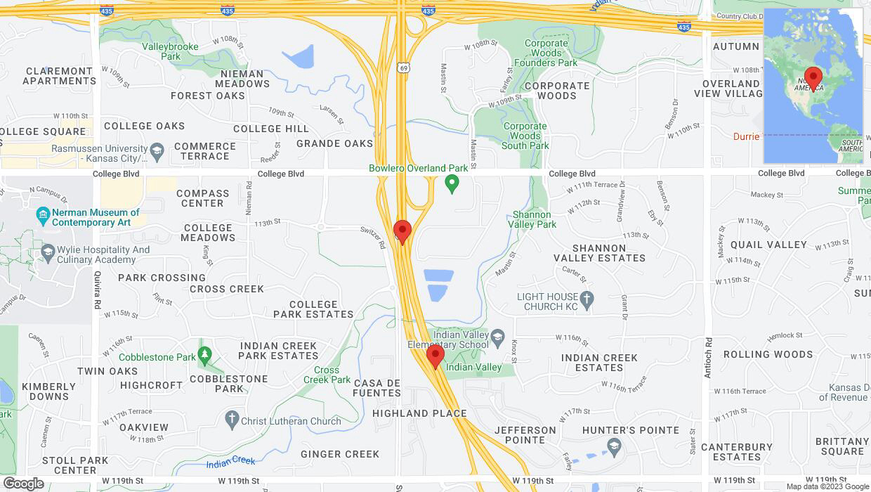 A detailed map that shows the affected road due to 'Lane on US-69 closed in Overland Park' on November 26th at 12:06 p.m.