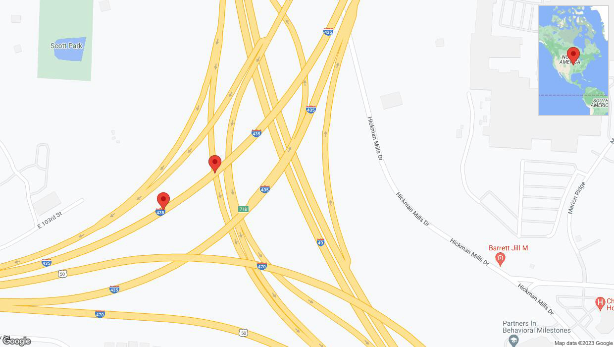 A detailed map that shows the affected road due to 'Broken down vehicle on southbound I-435 in Kansas City' on November 26th at 2:06 p.m.