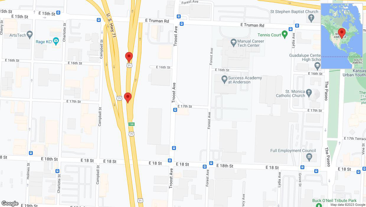 A detailed map that shows the affected road due to 'Broken down vehicle on northbound US-71 in Kansas City' on November 27th at 12:52 p.m.