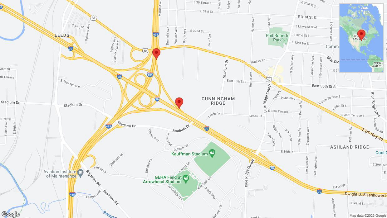 A detailed map that shows the affected road due to 'Broken down vehicle on Booth Avenue in Kansas City' on November 27th at 1:32 p.m.