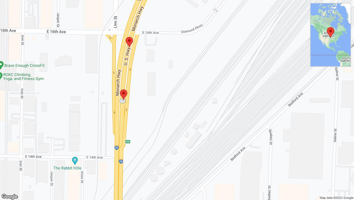 A detailed map that shows the affected road due to 'Broken down vehicle on northbound I-29/I-35 in North Kansas City' on November 27th at 1:56 p.m.