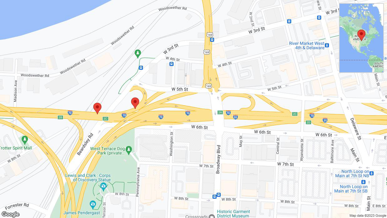 A detailed map that shows the affected road due to 'US-169 South: bridge closed between West Fifth Street and I-70 West' on November 27th at 2:04 p.m.