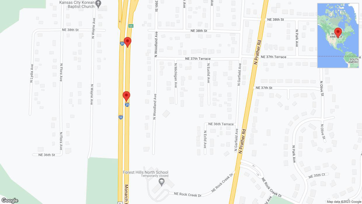 A detailed map that shows the affected road due to 'Broken down vehicle on northbound I-29/I-35 in Kansas City' on November 27th at 4:28 p.m.
