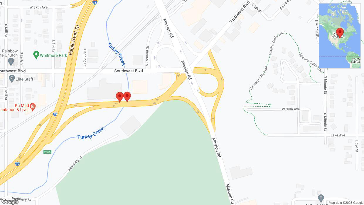 A detailed map that shows the affected road due to 'Broken down vehicle on Southwest Boulevard in Kansas City' on November 27th at 6:28 p.m.