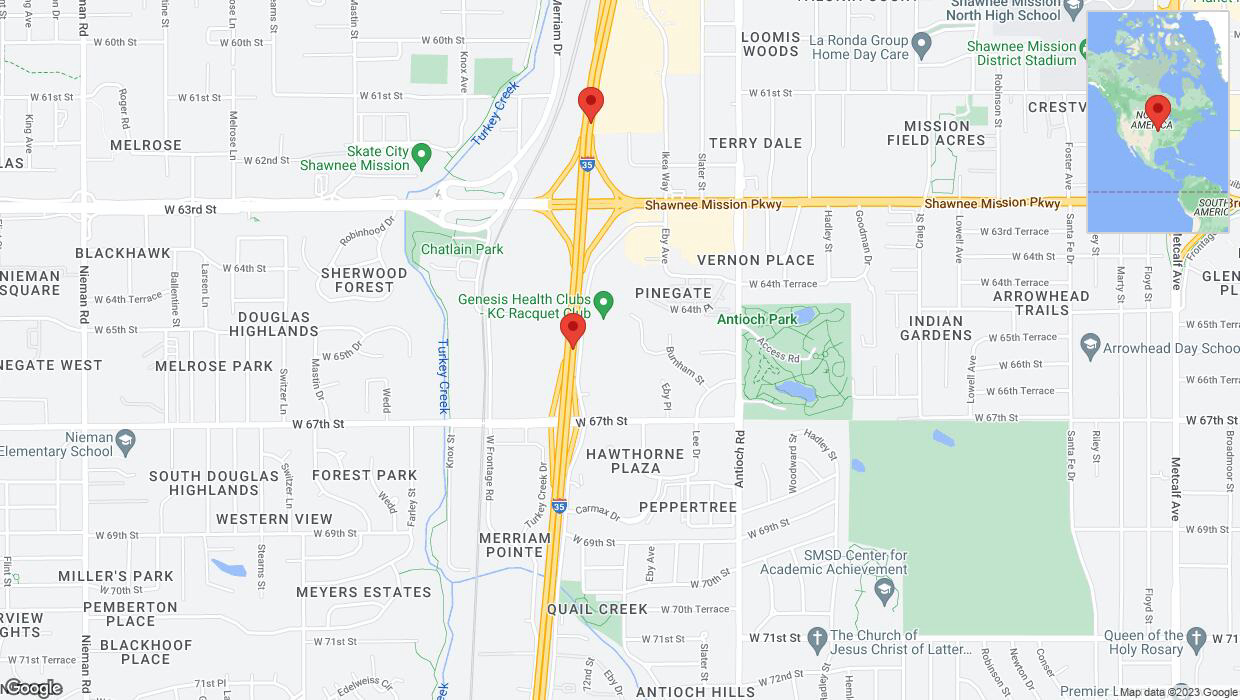A detailed map that shows the affected road due to 'Broken down vehicle on eastbound I-35 in Merriam' on November 27th at 10:11 p.m.