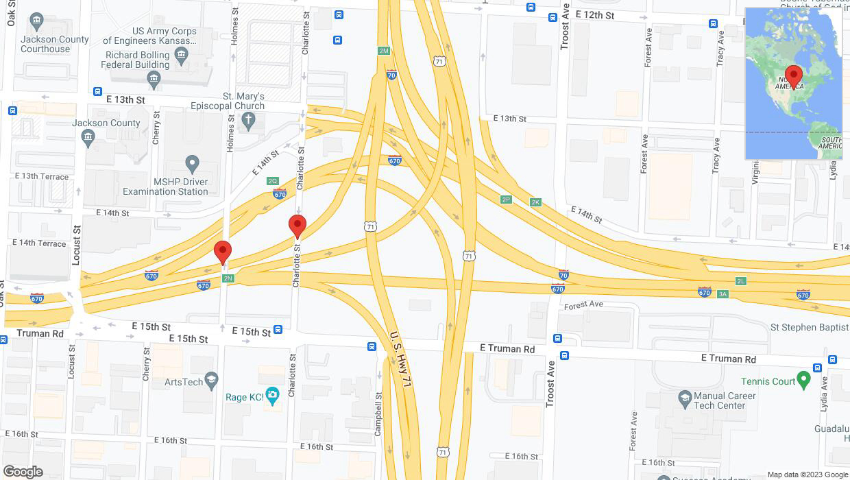 A detailed map that shows the affected road due to 'Broken down vehicle on Charlotte Street in Kansas City' on November 27th at 11:31 p.m.