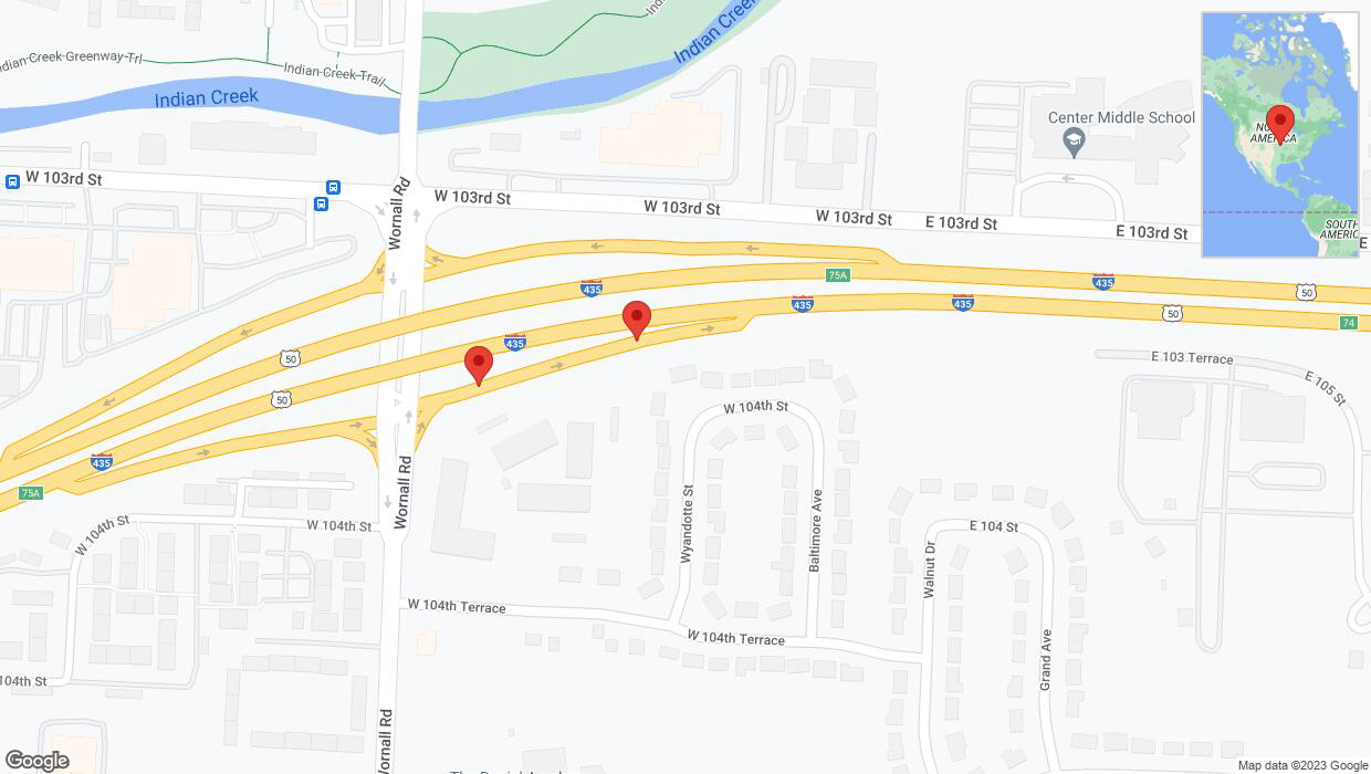 A detailed map that shows the affected road due to 'Broken down vehicle on West 104th Terrace in Kansas City' on November 28th at 1:47 p.m.