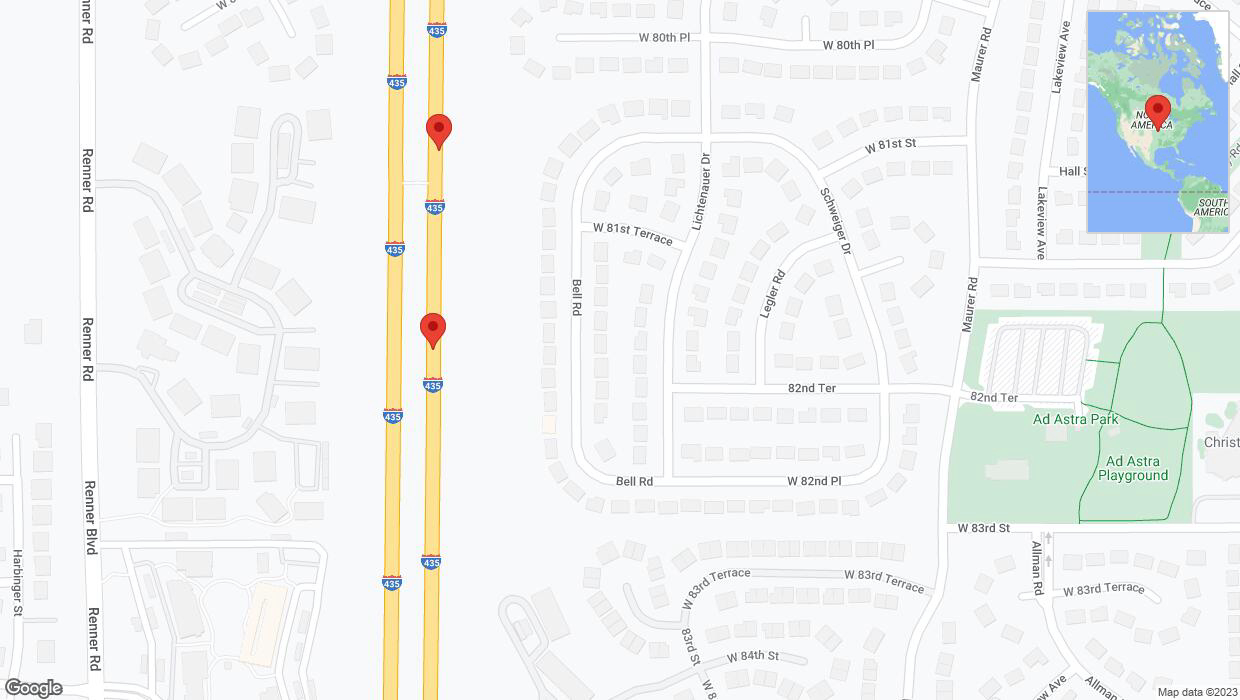 A detailed map that shows the affected road due to 'Broken down vehicle on northbound I-435 in Lenexa' on November 28th at 1:47 p.m.