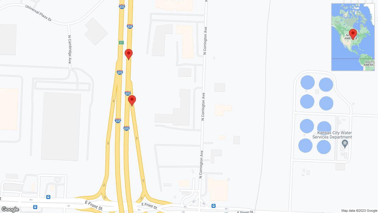 A detailed map that shows the affected road due to 'Broken down vehicle on North Corrington Avenue in Kansas City' on December 2nd at 1:27 p.m.