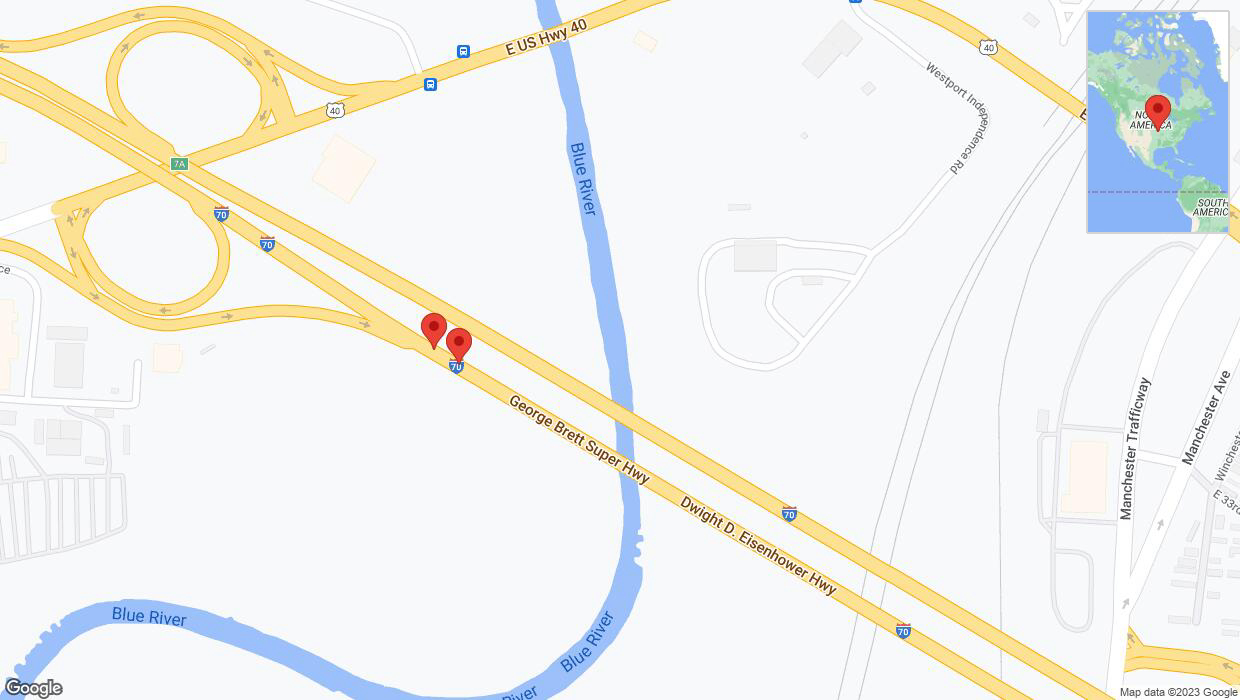 A detailed map that shows the affected road due to 'Broken down vehicle on eastbound I-70 in Kansas City' on November 28th at 6:59 p.m.
