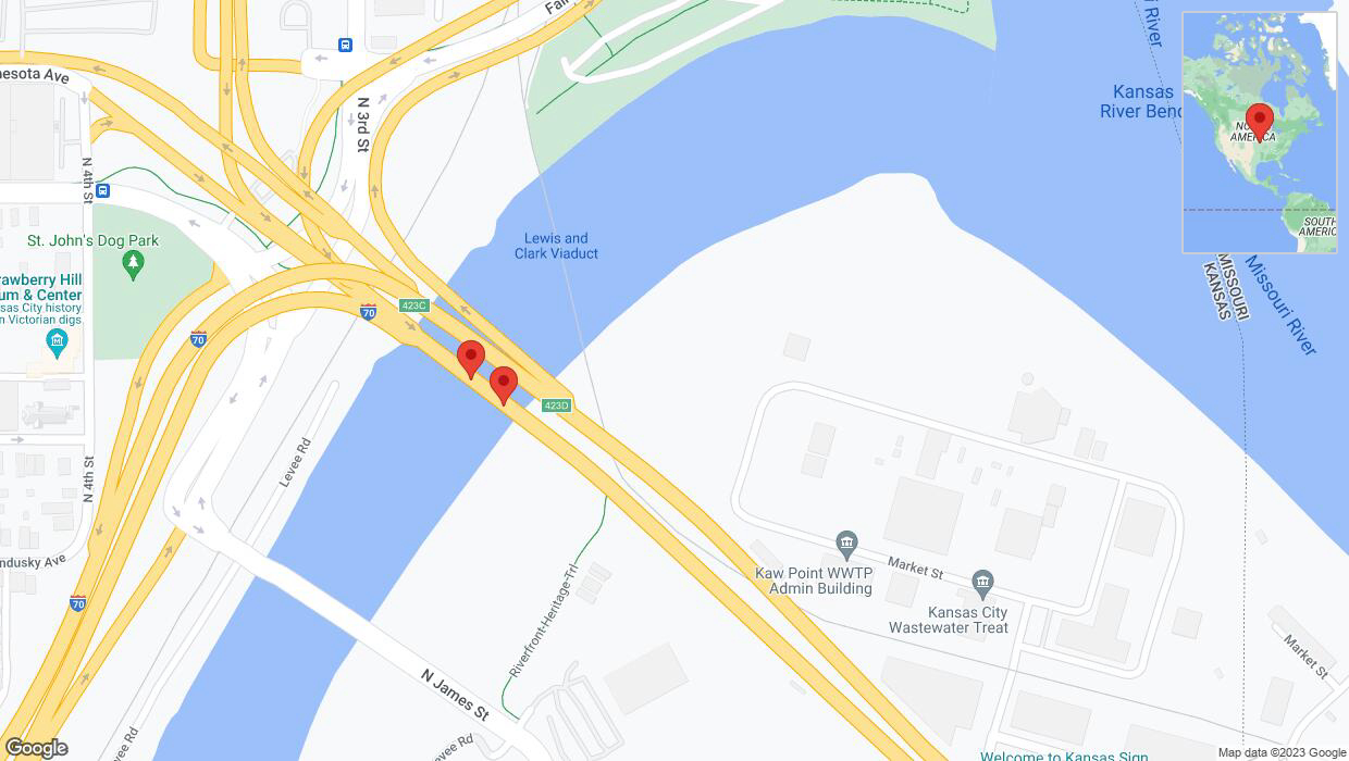 A detailed map that shows the affected road due to 'Broken down vehicle on eastbound I-70 in Kansas City' on November 28th at 6:59 p.m.