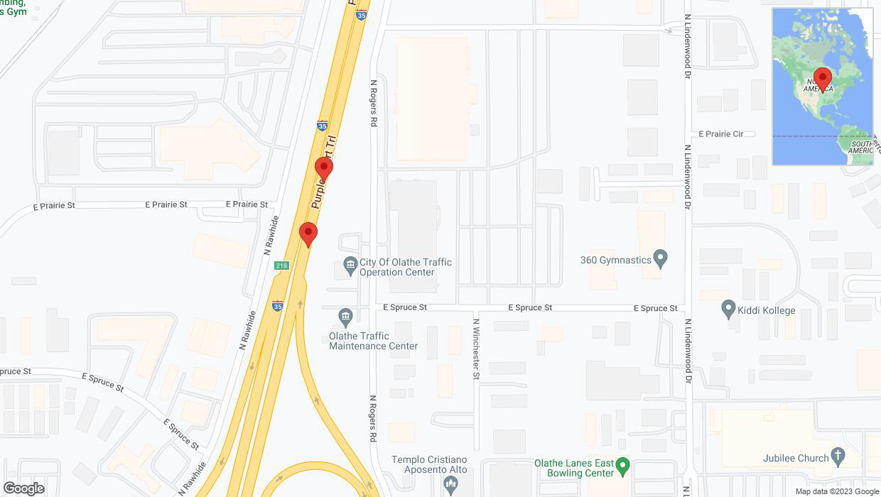 A detailed map that shows the affected road due to 'Broken down vehicle on eastbound I-35 in Olathe' on November 28th at 8:03 p.m.