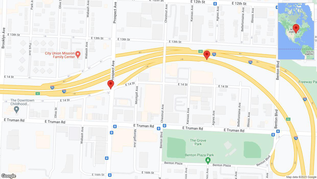 A detailed map that shows the affected road due to 'Prospect Avenue closed in Kansas City' on November 29th at 6:46 p.m.