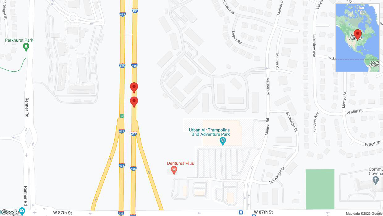A detailed map that shows the affected road due to 'Broken down vehicle on northbound I-435 in Lenexa' on November 29th at 2:34 p.m.