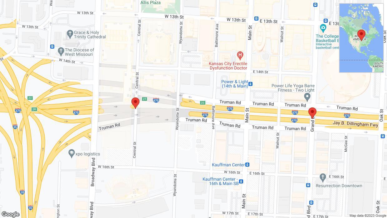 A detailed map that shows the affected road due to 'Broken down vehicle on eastbound I-670 in Kansas City' on November 29th at 12:01 p.m.