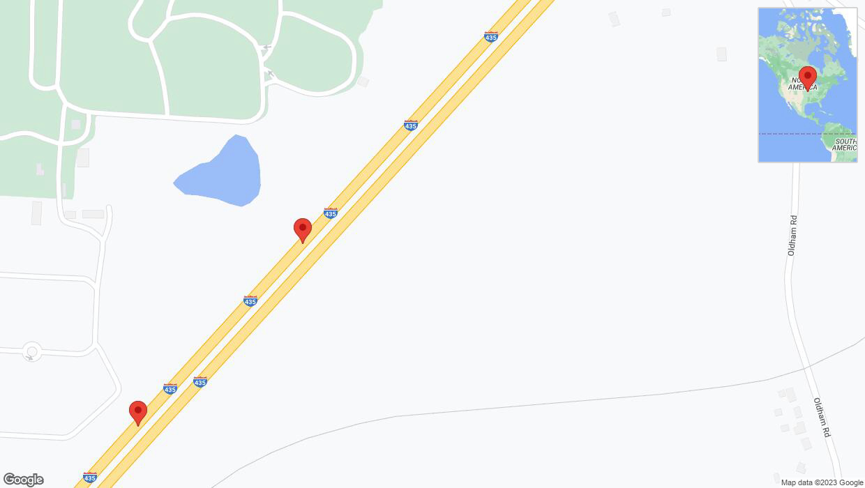 A detailed map that shows the affected road due to 'Broken down vehicle on southbound I-435 in Kansas City' on November 29th at 12:01 p.m.