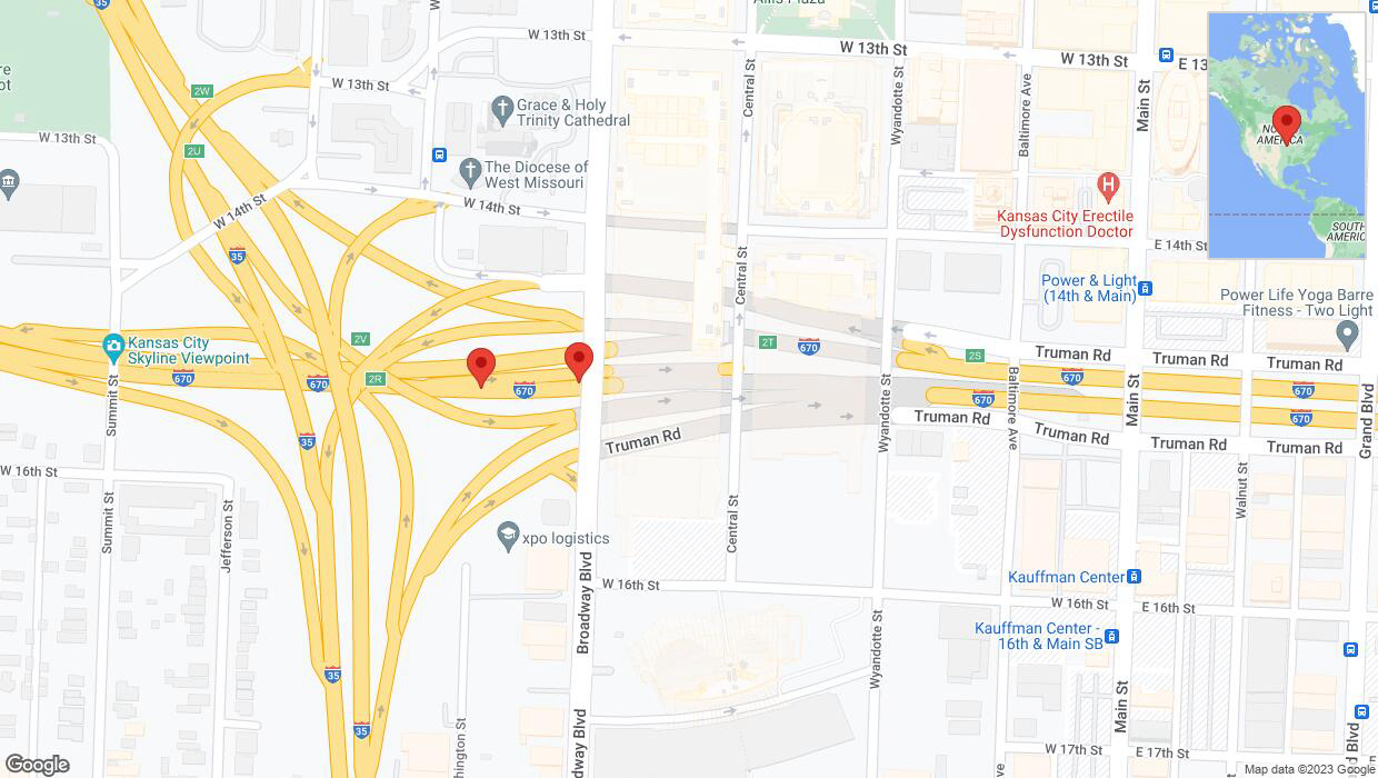 A detailed map that shows the affected road due to 'Broken down vehicle on eastbound I-670 in Kansas City' on November 29th at 12:25 p.m.