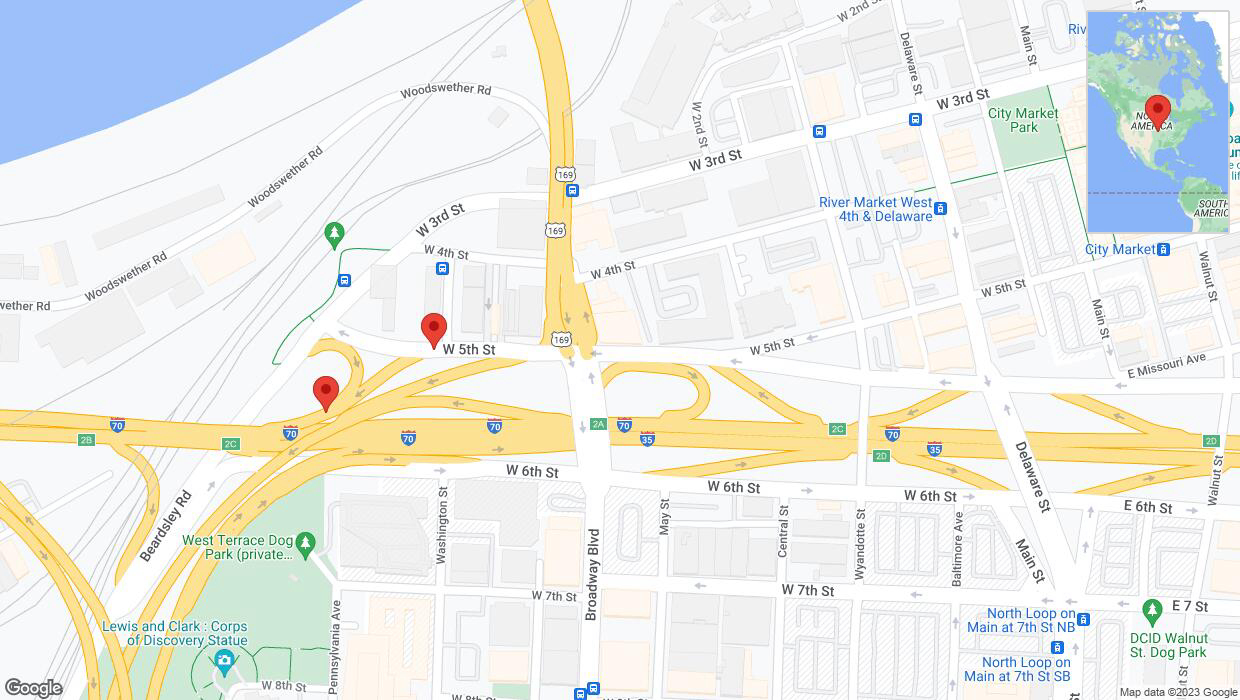 A detailed map that shows the affected road due to 'Kansas City: US-169 South closed' on November 29th at 3:53 p.m.