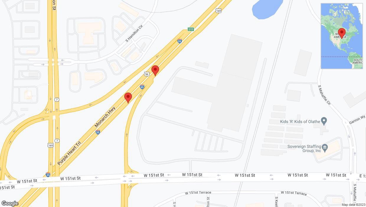 A detailed map that shows the affected road due to 'Broken down vehicle on eastbound I-35 in Olathe' on November 29th at 2:47 p.m.