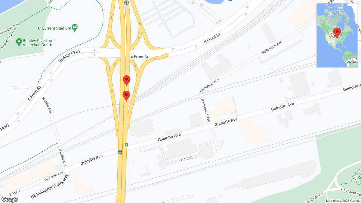 A detailed map that shows the affected road due to 'Crash reported on northbound I-29/I-35 in Kansas City' on November 29th at 4:51 p.m.