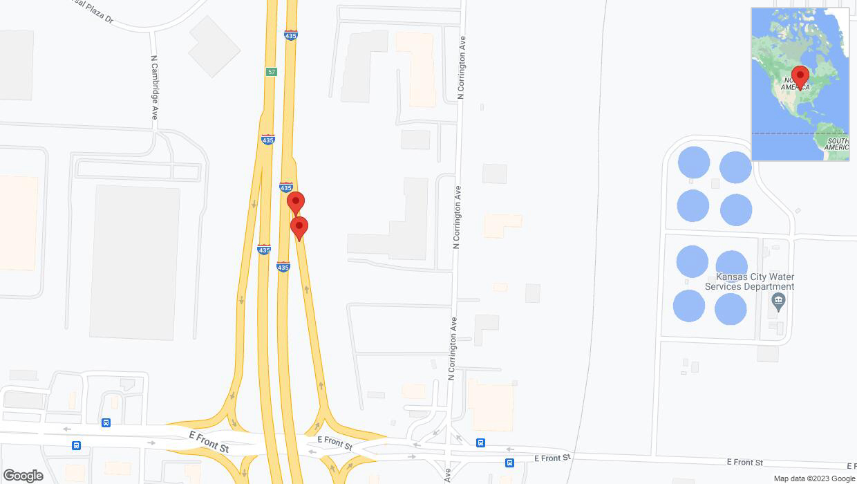 A detailed map that shows the affected road due to 'Broken down vehicle on North Corrington Avenue in Kansas City' on November 29th at 7:52 p.m.