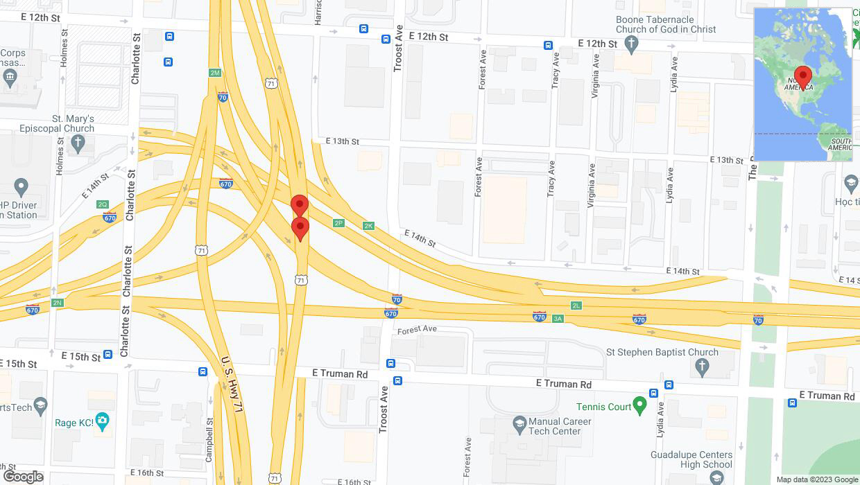 A detailed map that shows the affected road due to 'Broken down vehicle on northbound US-71 in Kansas City' on November 29th at 8:40 p.m.