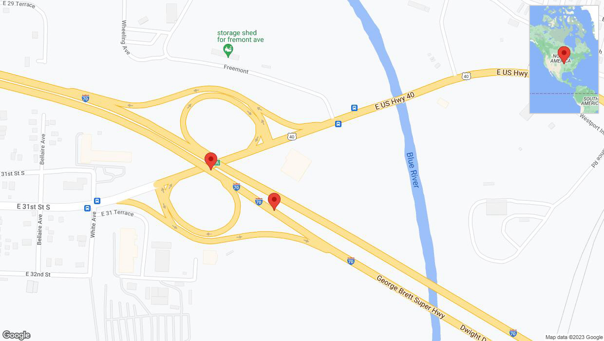 A detailed map that shows the affected road due to 'Broken down vehicle on eastbound I-70 in Kansas City' on November 29th at 9:58 p.m.