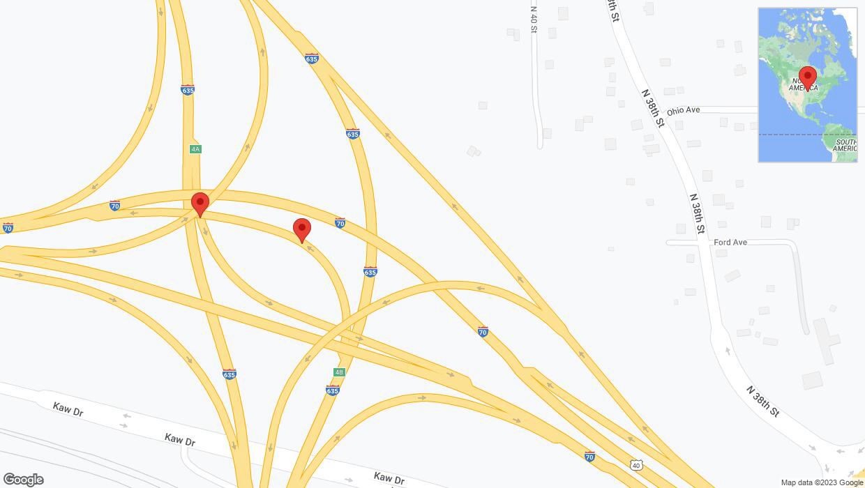 A detailed map that shows the affected road due to 'Broken down vehicle on the Kansas Turnpike in Kansas City' on November 29th at 10:52 p.m.
