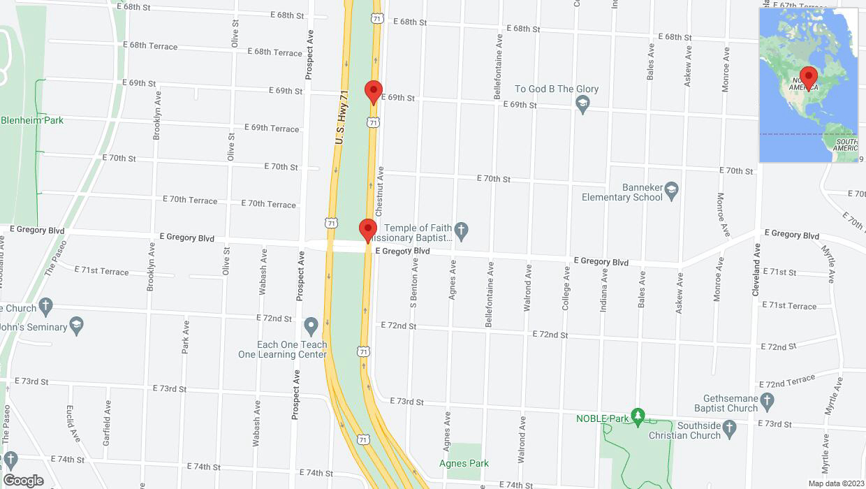 A detailed map that shows the affected road due to 'Warning in Kansas City: Crash reported on northbound the Bruce R Watkins Expressway/US-71' on November 29th at 10:46 p.m.