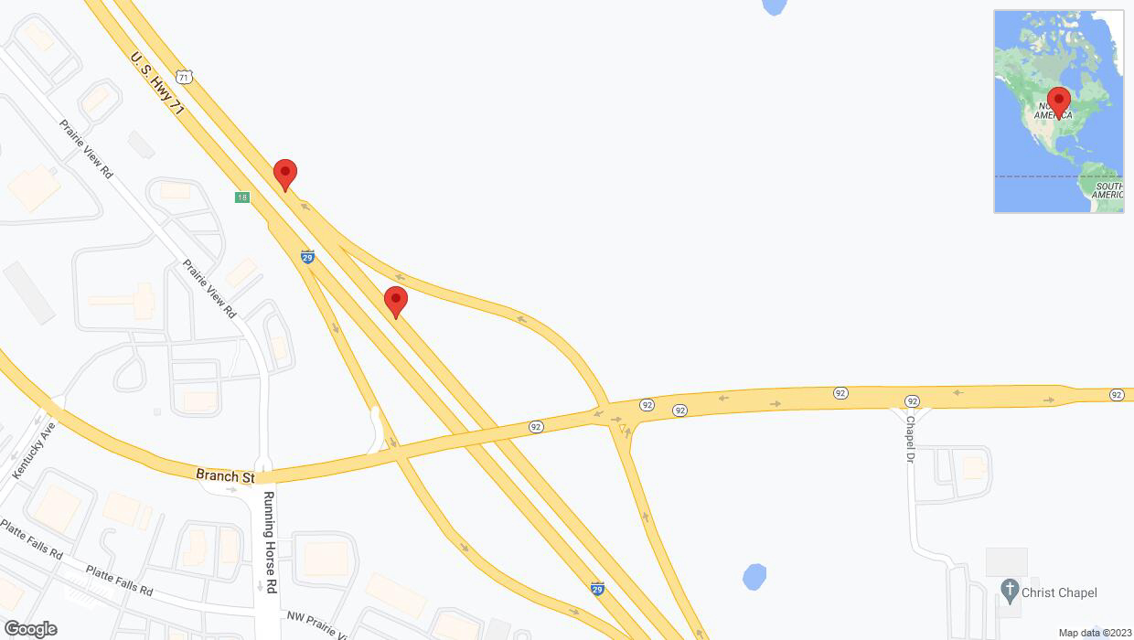 A detailed map that shows the affected road due to 'Broken down vehicle on northbound I-29 in Platte City' on November 30th at 12:40 p.m.