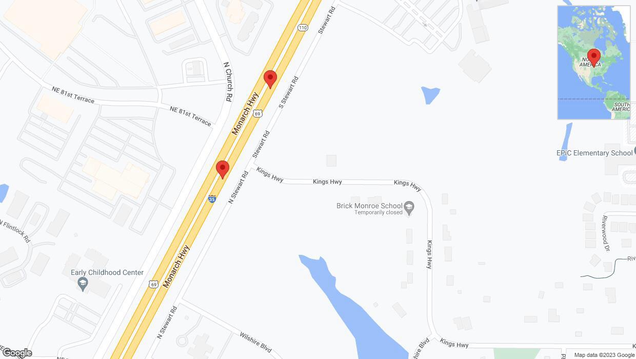 A detailed map that shows the affected road due to 'Broken down vehicle on northbound I-35 in Kansas City' on November 30th at 1:33 p.m.