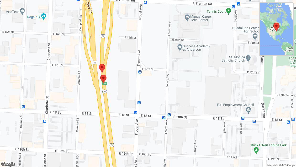 A detailed map that shows the affected road due to 'Broken down vehicle on northbound US-71 in Kansas City' on November 30th at 2:58 p.m.