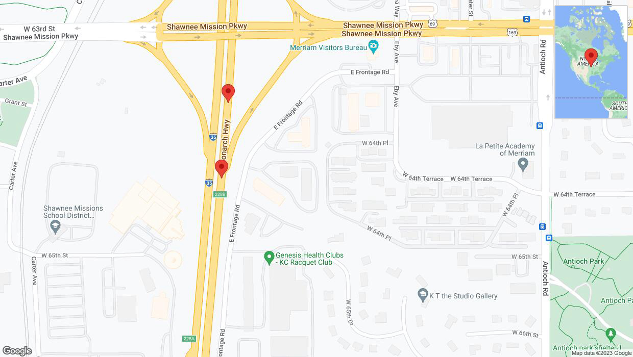 A detailed map that shows the affected road due to 'Broken down vehicle on northbound I-35 in Merriam' on November 30th at 4:44 p.m.