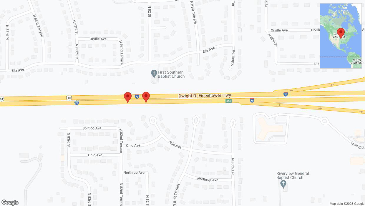 A detailed map that shows the affected road due to 'Broken down vehicle on eastbound I-70 in Kansas City' on November 30th at 5:43 p.m.