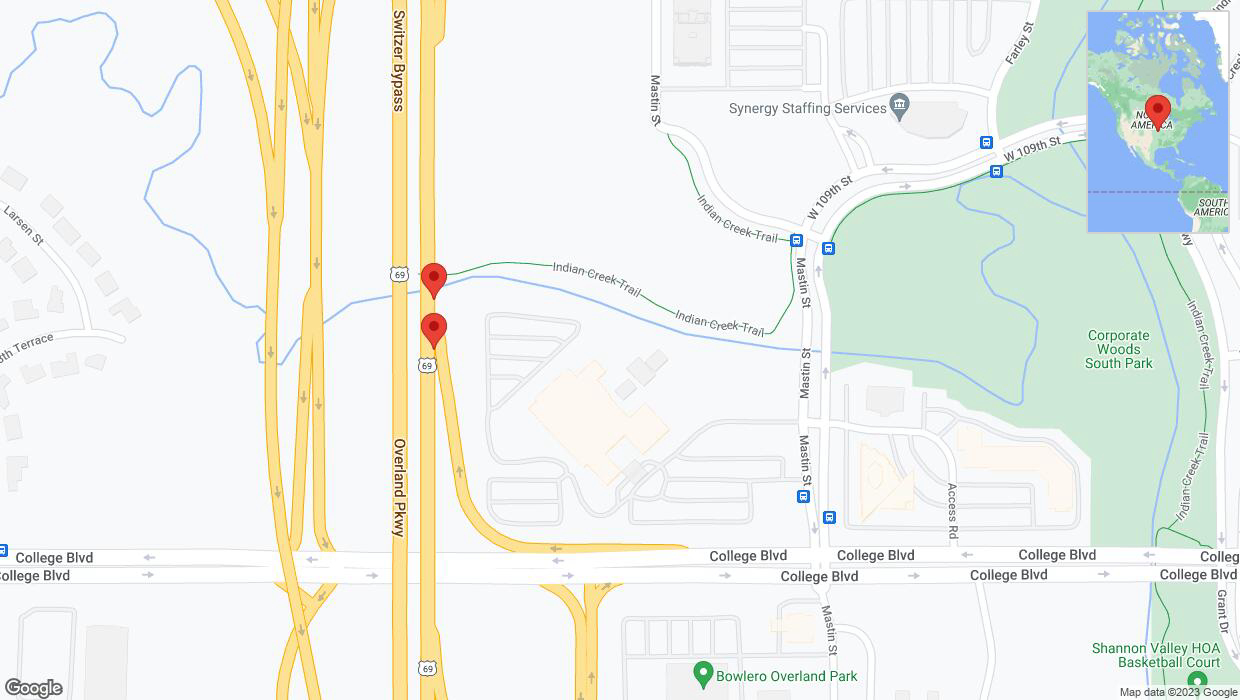 A detailed map that shows the affected road due to 'Crash reported on northbound US-69 in Overland Park' on November 30th at 7:34 p.m.