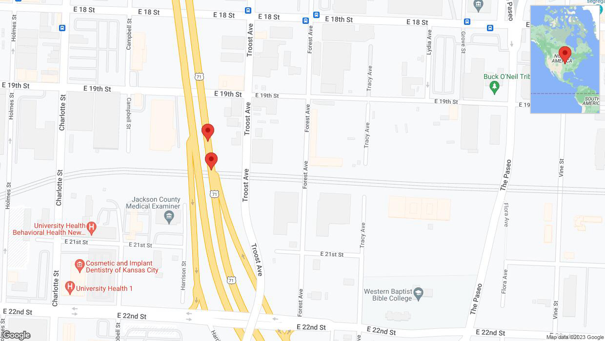 A detailed map that shows the affected road due to 'Warning in Kansas City: Crash reported on northbound US-71' on November 30th at 6:47 p.m.