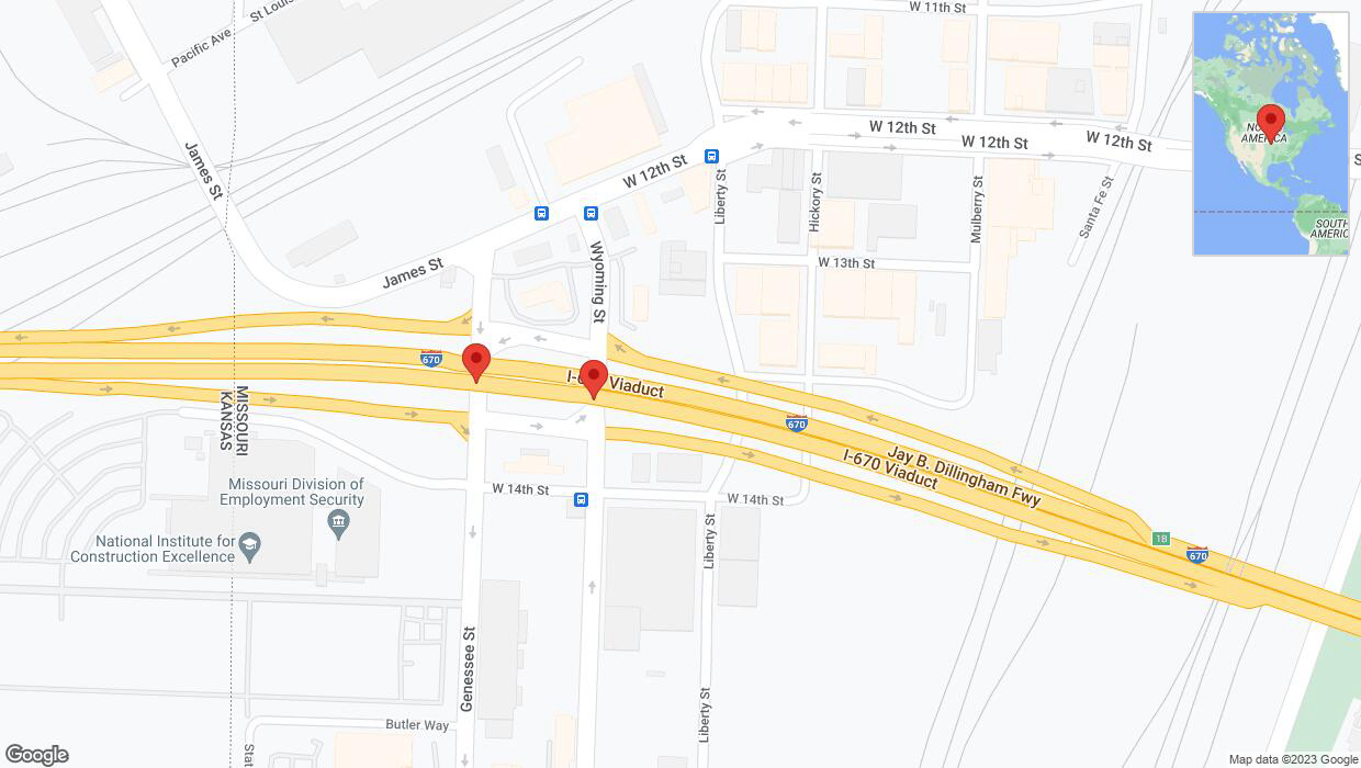A detailed map that shows the affected road due to 'Broken down vehicle on eastbound I-670 in Kansas City' on November 30th at 7:34 p.m.