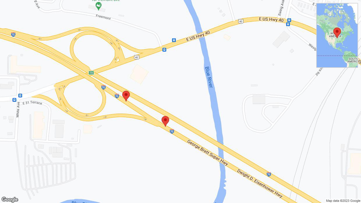 A detailed map that shows the affected road due to 'Broken down vehicle on eastbound I-70 in Kansas City' on November 30th at 9:03 p.m.