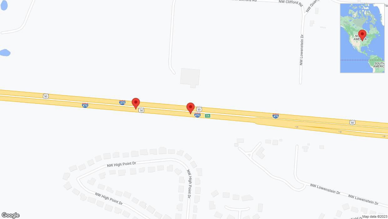 A detailed map that shows the affected road due to 'Broken down vehicle on eastbound I-470 in Lee's Summit' on December 1st at 12:09 p.m.