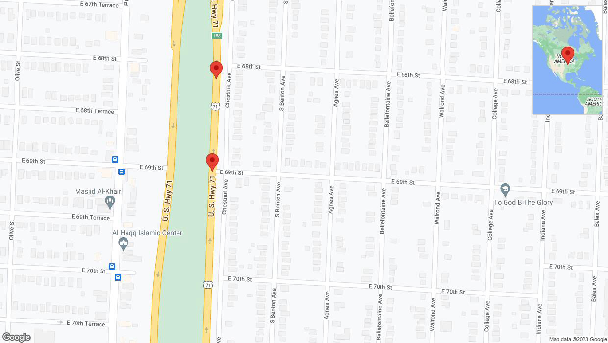 A detailed map that shows the affected road due to 'Broken down vehicle on northbound the Bruce R Watkins Expressway/US-71 in Kansas City' on December 1st at 2:14 p.m.