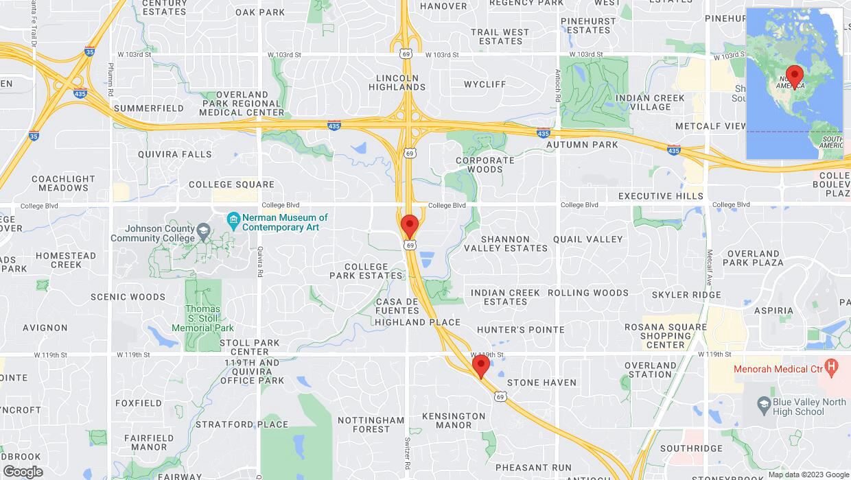 A detailed map that shows the affected road due to 'Lane on US-69 closed in Overland Park' on December 1st at 3:37 p.m.