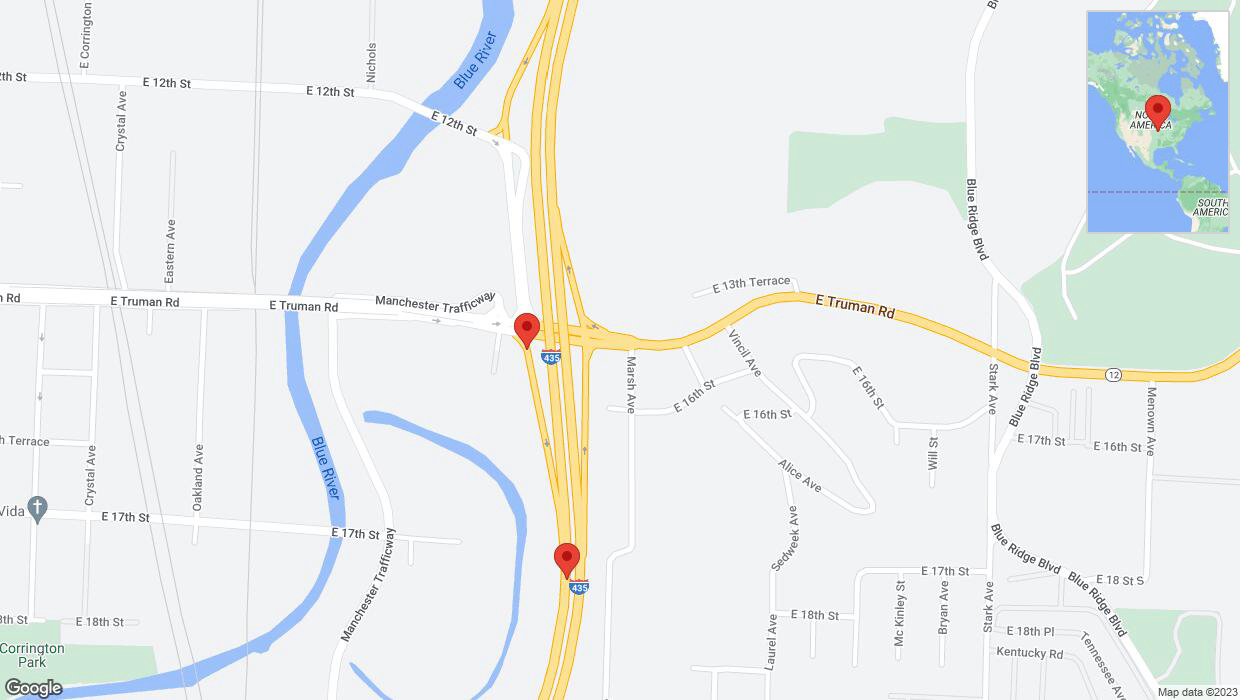 A detailed map that shows the affected road due to 'Broken down vehicle on East Truman Road in Kansas City' on December 1st at 4:41 p.m.