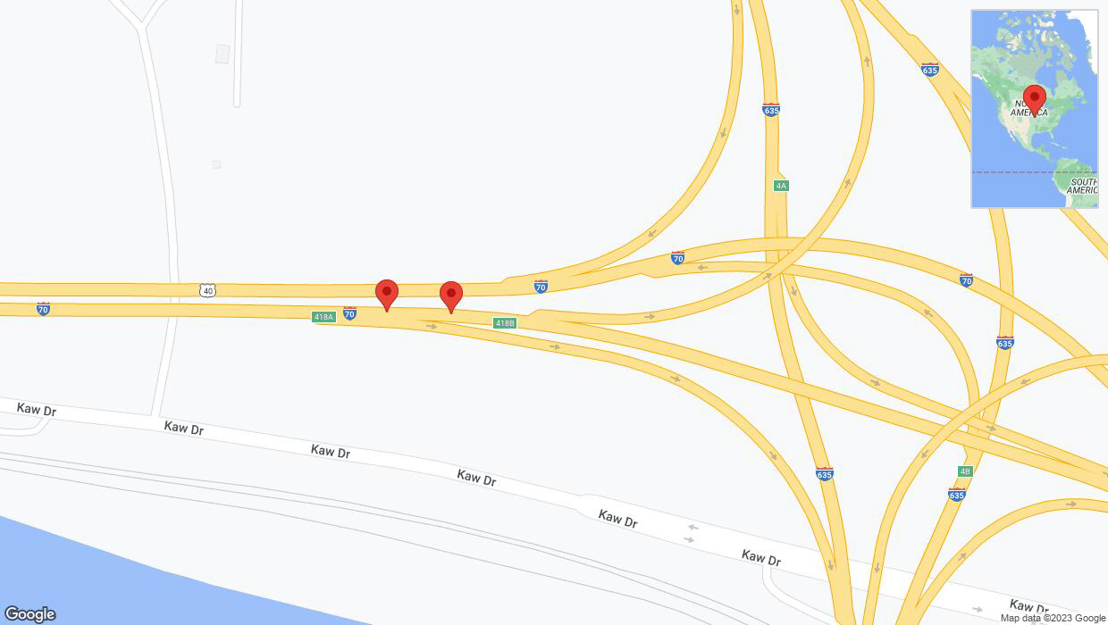 A detailed map that shows the affected road due to 'Broken down vehicle on eastbound I-70 in Kansas City' on December 1st at 6:35 p.m.