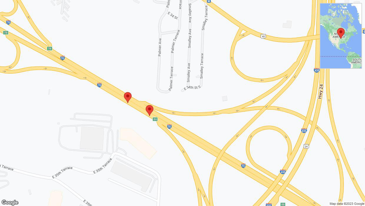 A detailed map that shows the affected road due to 'Broken down vehicle on eastbound I-70 in Kansas City' on December 1st at 8:23 p.m.