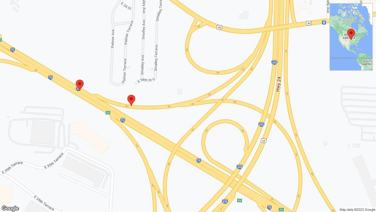 A detailed map that shows the affected road due to 'Broken down vehicle on Palmer Terrace in Kansas City' on December 1st at 8:35 p.m.