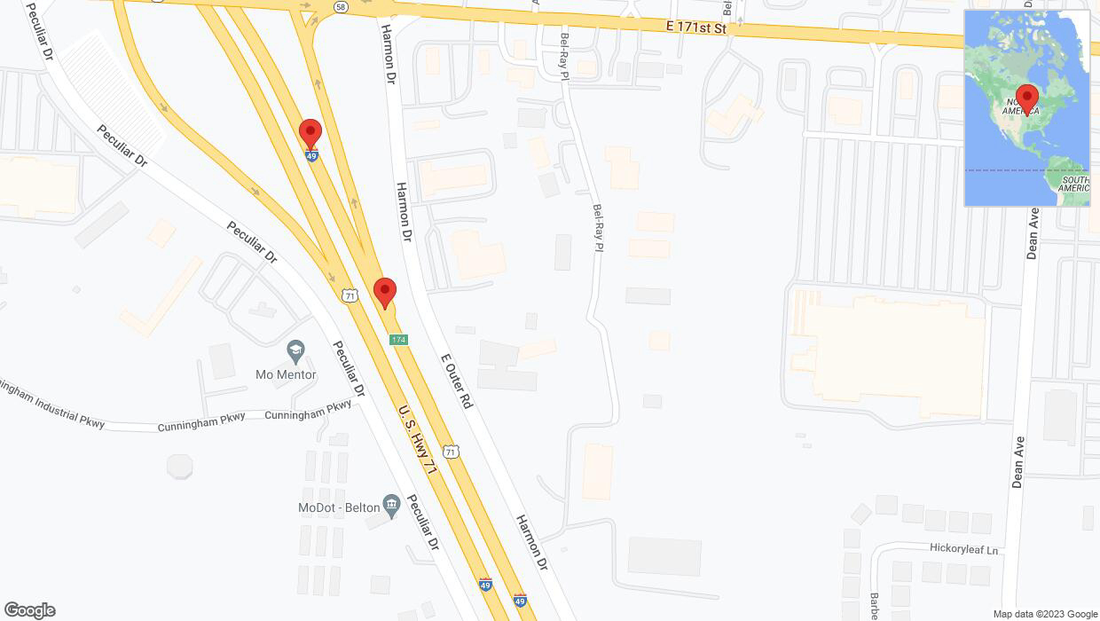A detailed map that shows the affected road due to 'Broken down vehicle on northbound I-40/US-71 in Belton' on December 1st at 11:05 p.m.